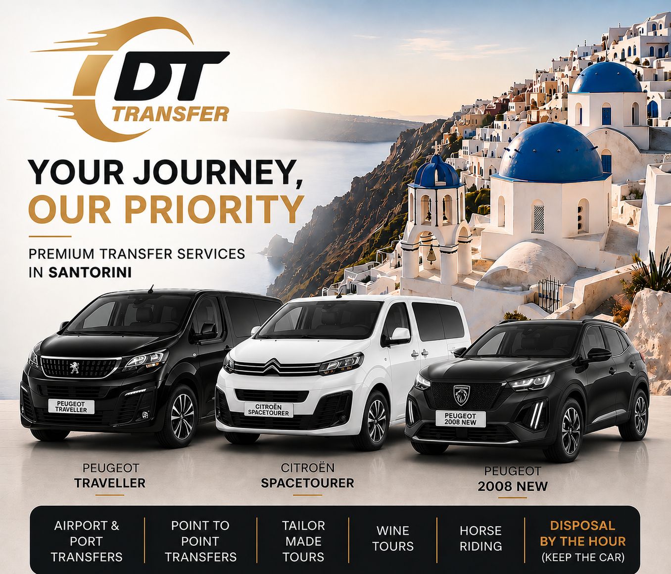 DT Transfer fleet — Peugeot Traveller, Citroën Spacetourer and Peugeot 2008 against the Santorini caldera